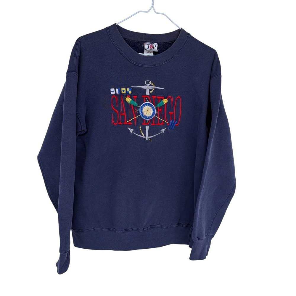 Vintage 90s Top Threads San Diego Nautical Embroidered Sweatshirt Medium Navy
